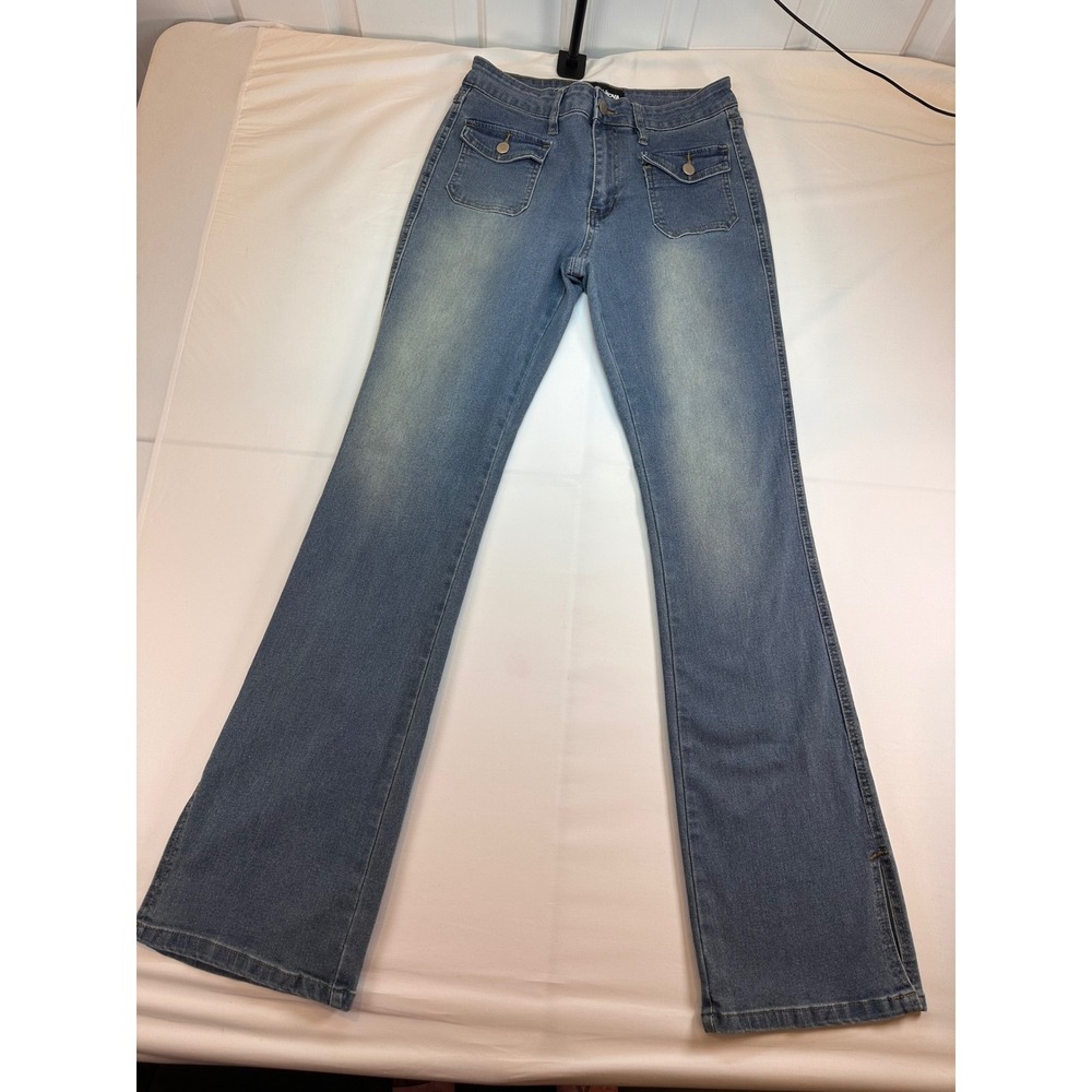 Fashion Nova Womens Size 9 Vintage Wash Flare Jeans High Rise Side Slit